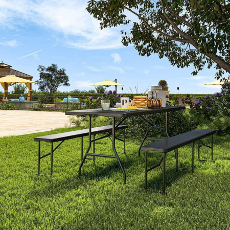 Set masa cu 2 banci pliabile tip valiza pentru gradina, camping sau evenimente, 180x70x74cm, negru [2]