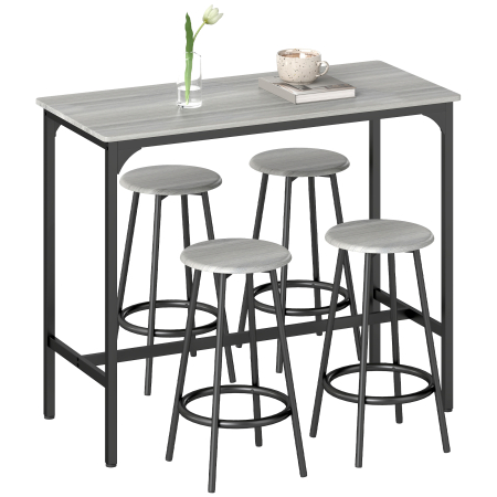 Scaune bucatarie & living -  Set Masa de Bar si 4 Scaune cu Suport pentru Picioare, 110x50x89.5 cm, Gri