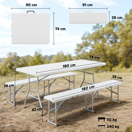  Set Masa de Camping Pliabila cu 2 Scaune, 180x74x74 cm, Alb [2]