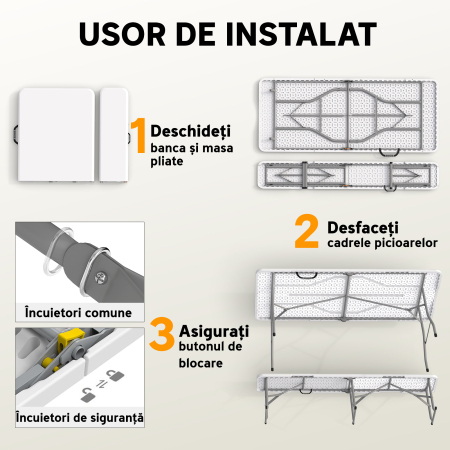  Set Masa de Camping Pliabila cu 2 Scaune, 180x74x74 cm, Alb [3]