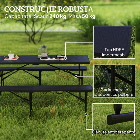  Set Masa de Camping Pliabila cu 2 Scaune si Manere din HDPE si Metal, 180x74x74 cm, Negru [4]