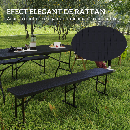  Set Masa de Camping Pliabila cu 2 Scaune si Manere din HDPE si Metal, 180x74x74 cm, Negru [3]