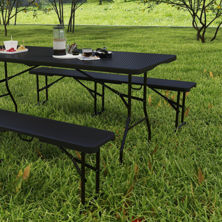  Set Masa de Camping Pliabila cu 2 Scaune si Manere din HDPE si Metal, 180x74x74 cm, Negru [7]