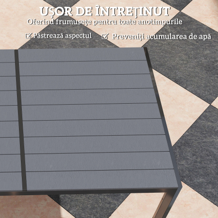  Set Masa de Gradina cu Scaune, 7 Piese, Set de Pranz cu Masa cu Blat din Lemn Compozit cu sipci si 6 Scaune de Exterior Stivuibile, Mobilier din Otel cu Texteline, Gri si Negru [6]