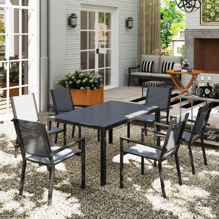 Set Masa de Gradina cu Scaune, 7 Piese, Set de Pranz cu Masa cu Blat din Lemn Compozit cu sipci si 6 Scaune de Exterior Stivuibile, Mobilier din Otel cu Texteline, Gri si Negru [7]