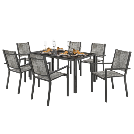 Seturi mobilier -  Set Masa de Gradina cu Scaune, 7 Piese, Set de Pranz cu Masa cu Blat din Lemn Compozit cu sipci si 6 Scaune de Exterior Stivuibile, Mobilier din Otel cu Texteline, Gri si Negru