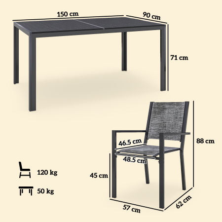  Set Masa de Gradina cu Scaune, 7 Piese, Set de Pranz cu Masa cu Blat din Lemn Compozit cu sipci si 6 Scaune de Exterior Stivuibile, Mobilier din Otel cu Texteline, Gri si Negru [2]