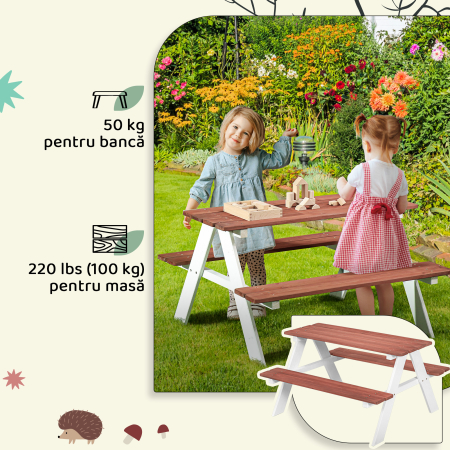  Set Masa de Picnic si Banci pentru Copii din Lemn, Varsta 3-8 Ani, Maro [5]