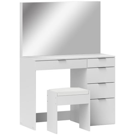 Dormitor & birou -  Set Masa de Toaleta cu Oglinda si 5 Sertare 97,2x44,5x136,5 cm si Taburet Captusit 40x24x46 cm, Alb