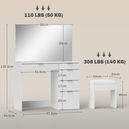  Set Masa de Toaleta cu Oglinda si 5 Sertare 97,2x44,5x136,5 cm si Taburet Captusit 40x24x46 cm, Alb [2]