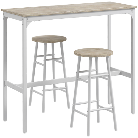 Scaune bucatarie & living -  Set masa inalta de bar + 2 scaune cu structura din otel si blat cu aspect de lemn natural, pentru 2 persoane, alb