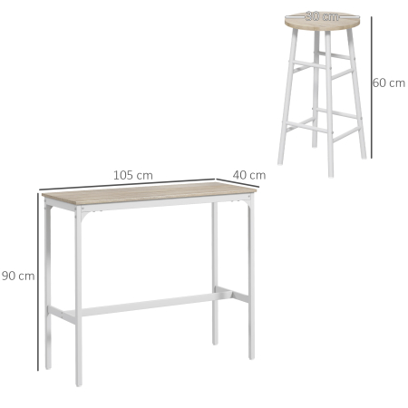  Set masa inalta de bar + 2 scaune cu structura din otel si blat cu aspect de lemn natural, pentru 2 persoane, alb [2]