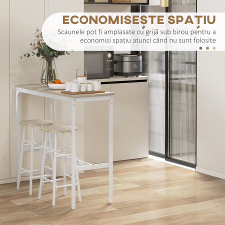  Set masa inalta de bar + 2 scaune cu structura din otel si blat cu aspect de lemn natural, pentru 2 persoane, alb [4]