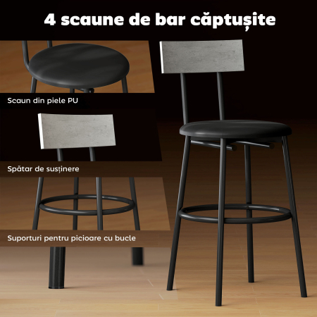  Set masa inalta si 4 scaune de bar cu spatar si suport pentru picioare, stil industrial, gri ciment [4]