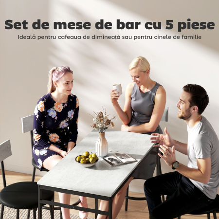  Set masa inalta si 4 scaune de bar cu spatar si suport pentru picioare, stil industrial, gri ciment [3]