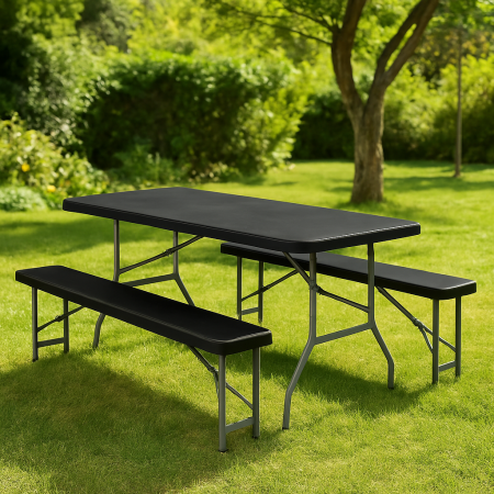 Set masa pliabila cu 2 banci, 180 cm, negru, HDPE si cadru metalic anticoroziv [1]