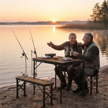 Set masa pliabila cu 2 banci pentru camping, reglabila pe inaltime, MDF si aluminiu, 90x60x70 cm, maro si negru [30]