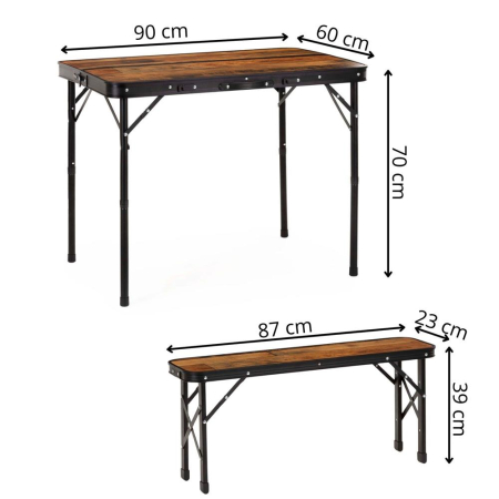 Set masa pliabila cu 2 banci pentru camping, reglabila pe inaltime, MDF si aluminiu, 90x60x70 cm, maro si negru [31]