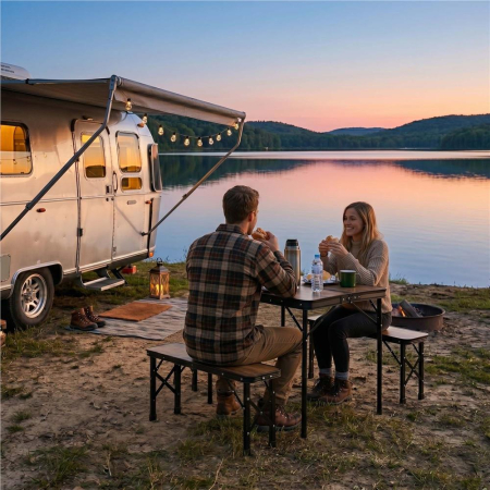 Set masa pliabila cu 2 banci pentru camping, reglabila pe inaltime, MDF si aluminiu, 90x60x70 cm, maro si negru [6]