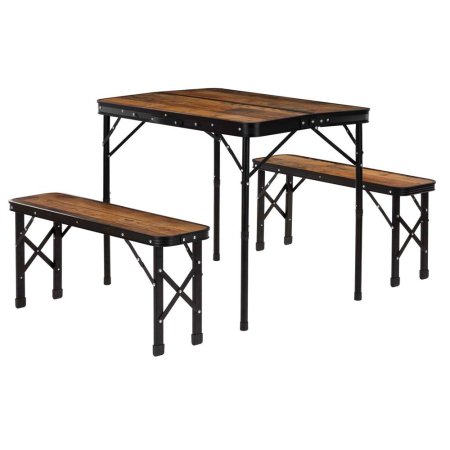 Gradina & balcon - Set masa pliabila cu 2 banci pentru camping, reglabila pe inaltime, MDF si aluminiu, 90x60x70 cm, maro si negru