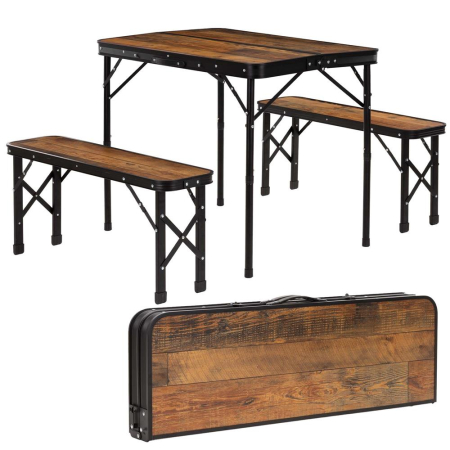Set masa pliabila cu 2 banci pentru camping, reglabila pe inaltime, MDF si aluminiu, 90x60x70 cm, maro si negru [1]
