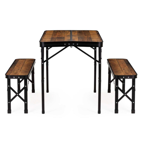 Set masa pliabila cu 2 banci pentru camping, reglabila pe inaltime, MDF si aluminiu, 90x60x70 cm, maro si negru [28]