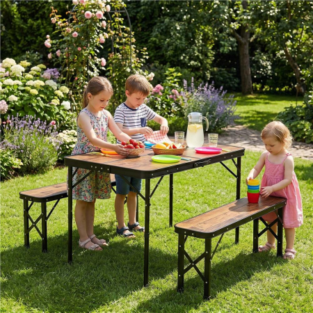 Set masa pliabila cu 2 banci pentru camping, reglabila pe inaltime, MDF si aluminiu, 90x60x70 cm, maro si negru [29]