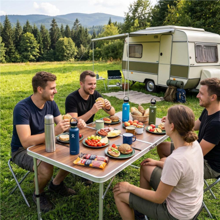 Set masa pliabila de camping cu 4 scaune, inaltime reglabila, aluminiu si MDF, 120x60x71 cm, maro si argintiu [26]