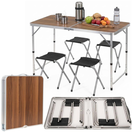 Set masa pliabila de camping cu 4 scaune, inaltime reglabila, aluminiu si MDF, 120x60x71 cm, maro si argintiu [3]