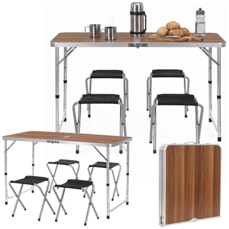 Set masa pliabila de camping cu 4 scaune, inaltime reglabila, aluminiu si MDF, 120x60x71 cm, maro si argintiu [2]