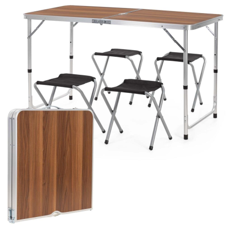 Set masa pliabila de camping cu 4 scaune, inaltime reglabila, aluminiu si MDF, 120x60x71 cm, maro si argintiu [1]