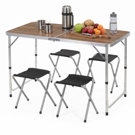 Set masa pliabila de camping cu 4 scaune, inaltime reglabila, aluminiu si MDF, 120x60x71 cm, maro si argintiu [20]