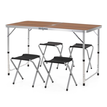 Gradina & balcon - Set masa pliabila de camping cu 4 scaune, inaltime reglabila, aluminiu si MDF, 120x60x71 cm, maro si argintiu