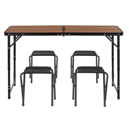 Set masa pliabila de camping cu 4 scaune, inaltime reglabila, aluminiu si MDF, 120x60x71 cm, maro si negru [33]