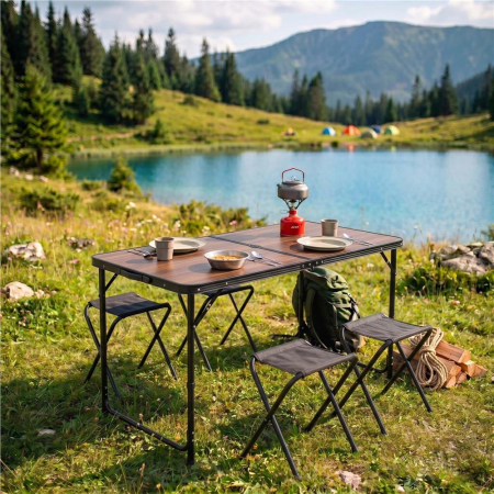 Set masa pliabila de camping cu 4 scaune, inaltime reglabila, aluminiu si MDF, 120x60x71 cm, maro si negru [28]
