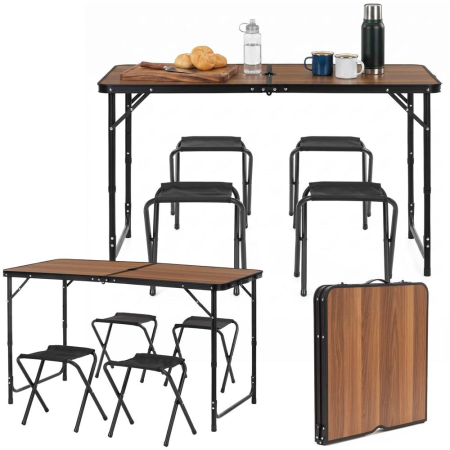Set masa pliabila de camping cu 4 scaune, inaltime reglabila, aluminiu si MDF, 120x60x71 cm, maro si negru [3]