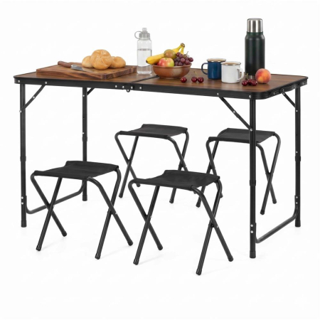 Set masa pliabila de camping cu 4 scaune, inaltime reglabila, aluminiu si MDF, 120x60x71 cm, maro si negru [23]