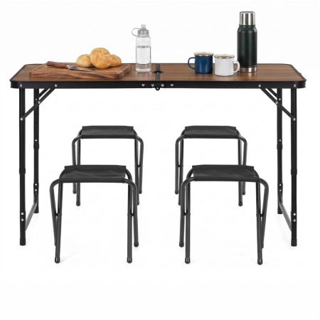 Set masa pliabila de camping cu 4 scaune, inaltime reglabila, aluminiu si MDF, 120x60x71 cm, maro si negru [9]