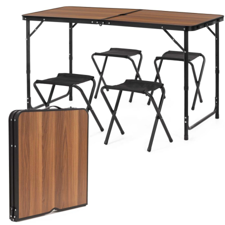 Set masa pliabila de camping cu 4 scaune, inaltime reglabila, aluminiu si MDF, 120x60x71 cm, maro si negru [1]
