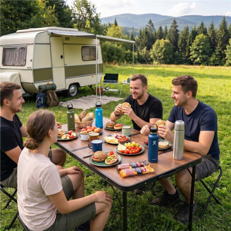 Set masa pliabila de camping cu 4 scaune, inaltime reglabila, aluminiu si MDF, 120x60x71 cm, maro si negru [30]