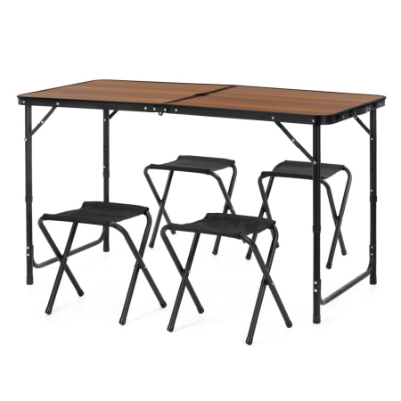 Gradina & balcon - Set masa pliabila de camping cu 4 scaune, inaltime reglabila, aluminiu si MDF, 120x60x71 cm, maro si negru