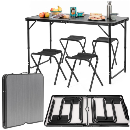 Set masa pliabila de camping cu 4 scaune, inaltime reglabila, aluminiu si MDF, 120x60x71 cm, negru [5]