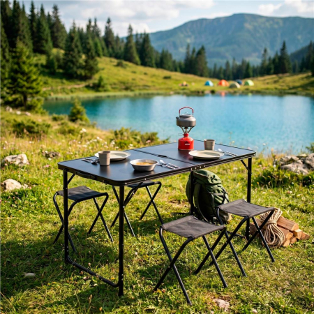 Set masa pliabila de camping cu 4 scaune, inaltime reglabila, aluminiu si MDF, 120x60x71 cm, negru [29]
