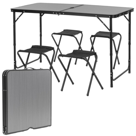 Set masa pliabila de camping cu 4 scaune, inaltime reglabila, aluminiu si MDF, 120x60x71 cm, negru [3]
