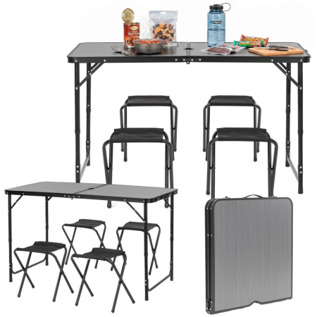 Set masa pliabila de camping cu 4 scaune, inaltime reglabila, aluminiu si MDF, 120x60x71 cm, negru [4]