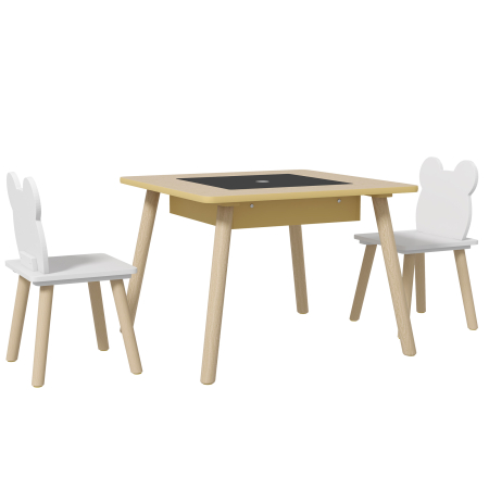 Dormitor & birou -  Set Masa si 2 Scaune pentru Copii 3-6 ani, cu Tabla de Scris si Loc de Depozitare, 60x60x44 cm, Lemn Natural