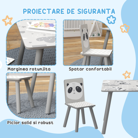  Set Masa si 2 Scaune pentru Copii de 3-8 Ani cu Desene de Animale, 60x60x44 cm, Gri [4]