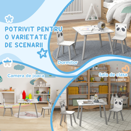  Set Masa si 2 Scaune pentru Copii de 3-8 Ani cu Desene de Animale, 60x60x44 cm, Gri [5]