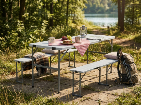 Set masa si banci pliabile pentru camping si evenimente, 3 piese, cu 2 banci care se depoziteaza in interiorul mesei pliate pentru economisirea spatiu [11]