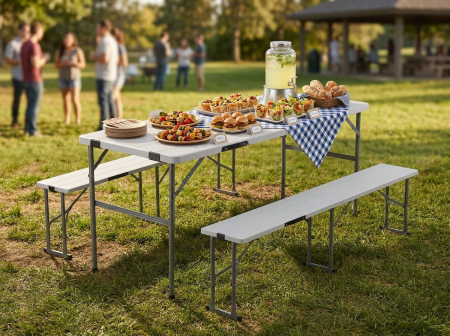 Set masa si banci pliabile pentru camping si evenimente, 3 piese, cu 2 banci care se depoziteaza in interiorul mesei pliate pentru economisirea spatiu [10]